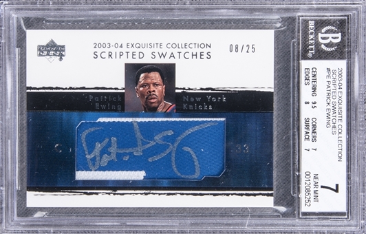 2003-04 UD "Exquisite Collection" Scripted Swatches #PE Patrick Ewing Signed Game Used Patch Card (#08/25) – BGS NM 7/BGS 10